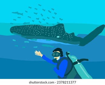 scuba diving with whale shark, line art drawing