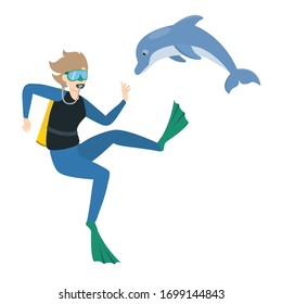 scuba diving, woman with air tank playing with a dolphin. Isolated vector illustration