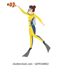 scuba diving, woman with air tank playing a clown fish. Isolated vector illustration