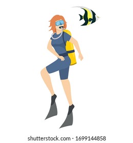 scuba diving, woman with air tank watching a fish. Isolated vector illustration