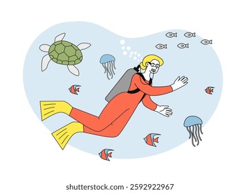 Scuba diving woman. Young girl in diving suit swims underwater. Aquatic world and sea fauna. Turtle, jellyfish and fish. Diver exploring ocean. Linear vector illustration