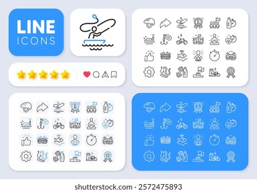 Scuba diving, Yoga and Worms line icons for web app. Message, Share, Like social media icons. Pack of Timer, Fishing lure, Arena pictogram icons. Electric bike, Boat fishing, Winner flag signs. Vector