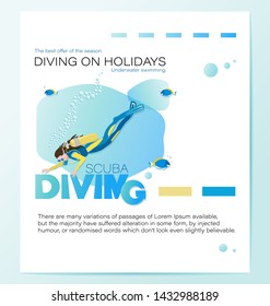SCUBA DIVING. Young woman in a special outfit and tropical fish. The best offer of the season. Young woman in a diving suit and fins swimming underwater. Underwater background.