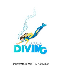 SCUBA DIVING. Young woman in a diving suit and fins swimming underwater with an aqualung. Poster with an image on on a white background. 