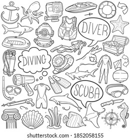 Scuba doodle icon set. Water Sports Buildings Vector illustration collection. Diving Banner Hand drawn Line art style.