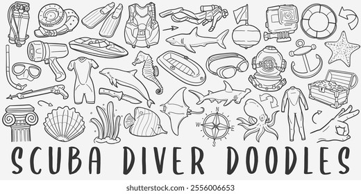 Scuba doodle icon set. Water Sports Vector illustration collection. Diving Banner Hand drawn Line art style.	