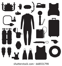 Scuba elements and snorkeling gear silhouette set. Diving kit. Scuba-diving vector icons in outline design. Underwater activity accessories in black and white. Wetsuit, mask, snorkel, fins, oxygen.