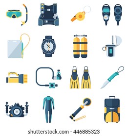 Scuba equipment and dive gear icon set. Snorkeling and diving icons. Scuba-diving accessories isolated on white background. Underwater activity elements in flat design.