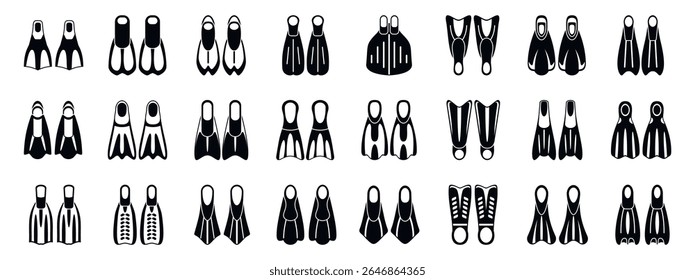  Scuba flippers ícones definir. Conjunto de nadadores pretos com vários projetos para atividades subaquáticas, oferecendo opções para mergulhadores e nadadores