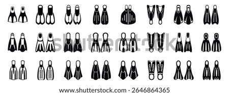  Scuba flippers icons set. Black flippers set featuring various designs for underwater activities, offering choices for divers and swimmers