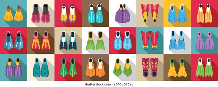  Scuba flippers ícones definir. Coleção de nadadeiras coloridas que mostram diversos desenhos para atividades de mergulho e snorkeling