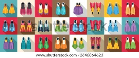  Scuba flippers icons set. Collection of colorful flippers showcasing diverse designs for diving and snorkeling activities