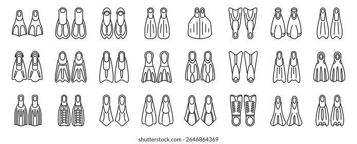  Scuba flippers icons set. Diver fins or flippers icon set. Outline set of diver fins or flippers vector icons for web design isolated on white background