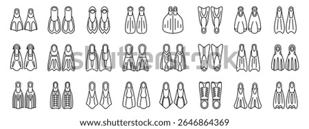  Scuba flippers icons set. Diver fins or flippers icon set. Outline set of diver fins or flippers vector icons for web design isolated on white background