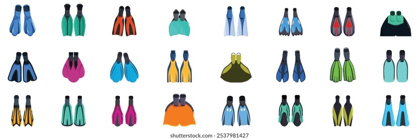 Scuba flippers icons set. Various colorful diving fins, perfect for underwater exploration, snorkeling, and swimming activities