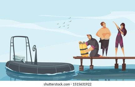 Scuba gear checking putting wetsuit on composition with inflatable motorboat boat for swimming diving snorkeling vector illustration 