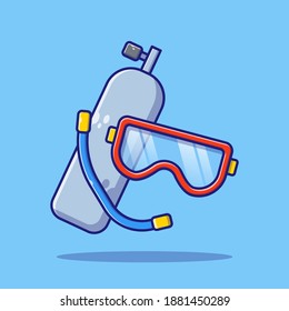 Scuba gear or diving equipment mask, snorkel, and tank. Summer vacation, travel, sport, snorkeling, fun. Summer icon concept illustration. Flat cartoon vector illustration.