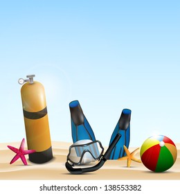 Scuba gear on a sandy beach surrounded with starfish and beach ball.