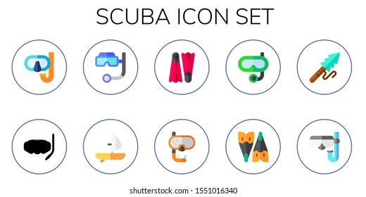 scuba icon set. 10 flat scuba icons.  Simple modern icons about  - snorkel, windsurf, flippers, flipper, harpoon, diving mask