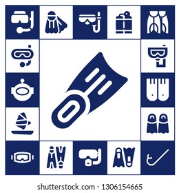 scuba icon set. 17 filled scuba icons.  Collection Of - Snorkel, Aqualung, Fins, Windsurf, Flippers, Diving mask, Dive, Oxygen tank