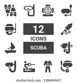 scuba icon set. Collection of 12 filled scuba icons included Scuba diving, Diving, Water ski, Dive, Diving mask, Windsurf, Harpoon, Diver, Flipper, Aqualung