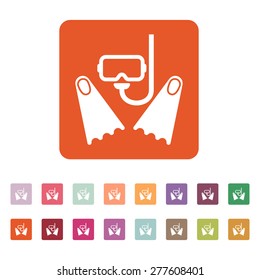 The scuba mask and flippers icon. Flat Vector illustration. Button Set