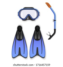 Scuba mask set, underwater sport and hobby equipment. Aquatic gear. Vector realistic underwater mask with flippers illustration isolated on white background