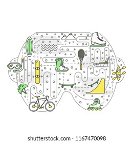Scuba mask shaped poster banner template. Leasure activity vector thin line art flat style design elements, icons for website banners and printed materials.