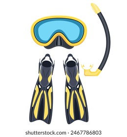 scuba mask and snorkel, diving flippers isolated on white background, Vector illustration in flat style