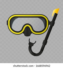 Scuba mask and tube isolated on transparent background. Realistic snorkeling mask. Vector illustration