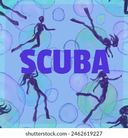 Scuba poster with illustration of female divers on blue background