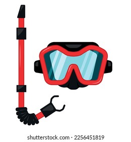 Máscara roja de Scuba con equipo de buceo submarino submarino de tubo vectorial ilustración plana. Gafas de vidrio de lentes de buceador para exploración de aventura acuática exploración de la actividad de protección de ojos submarinos