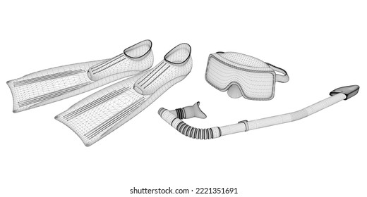 Scuba set wireframe from black lines isolated on white background. Fins and a mask with a snorkel. 3D. Vector illustration.