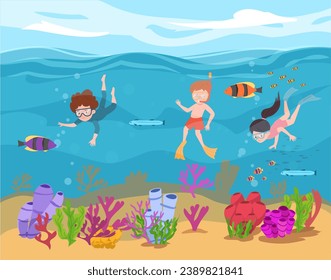 Snorkeling. Niños con máscara de buceo y nado de tubo en la fauna observadora marina de la barrera de coral. Aventuras marinas de dibujos animados, actividad submarina de verano. Ilustración vectorial plana