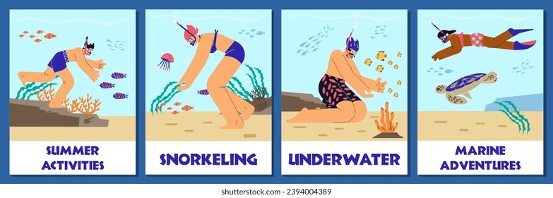 Scuba snorkeling. People in diving mask swimming in sea observing fauna of coral reef. Cartoon marine adventures, summer underwater activity. Flat vector posters set