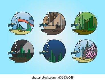 Scuba specialty diving such as deep, lake or quarry, night, wreck etc. icon set