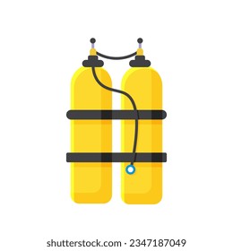 Ilustración vectorial del tanque Scuba. Caricatura aislada cilindro de aluminio amarillo aislado con válvulas, oxígeno comprimido para buceo, equipo de buceadores para viajar y respirar bajo el agua, equipo para aventura marítima