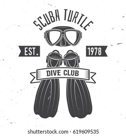 Scuba turtle dive club. Vector illustration. Concept for shirt or logo, print, stamp or tee. Vintage typography design with diving mask and fins silhouette.