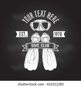 Scuba turtle dive club. Vector illustration on the chalkboard. Concept for shirt or logo, print, stamp or tee. Vintage typography design with diving mask and fins silhouette.