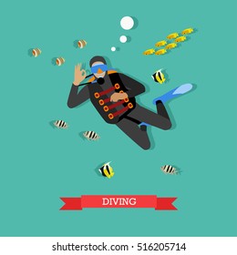 Scuba-diver under water with tropical fishes. Dive gear and equipment, scuba, mask, flippers and wetsuit. Underwater active recreation. Vector illustration in flat design