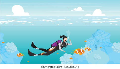 Scubadiving flat flat vector illustration. Underwater swimming sportswoman. Deep ocean diving. Sea wildlife. Outdoor activities. Summer vacation. Scuba diver cartoon character on turquoise background