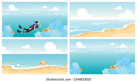 Scubadiving flat vector illustrations set. Underwater swimming sportswoman. Deep ocean diving. Sea wildlife wallpaper. Outdoor activities. Summer vacation. Extreme sport. Cartoon character