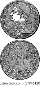 Scudo, an Italian coin with Pope Gregory XVI on the obverse side, vintage line drawing or engraving illustration.