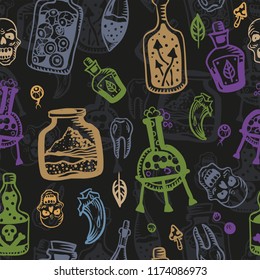 Scull, bottles black helloween witch pattern.