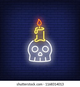 Scull candle neon sign. Luminous signboard with candlestick. Night bright advertisement. Vector illustration in neon style for Halloween, holiday decoration, celebration