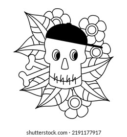 Scull in the cap. Coloring book page. Day of the dead scull. Mexican Black and white design. Vector illustration