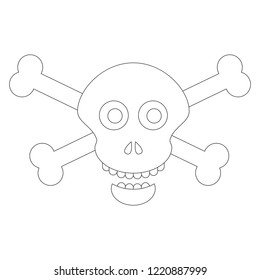 Scull and Cross Bones Pirate Adventure cartoon. Colorless outlined illustration with thin line black stroke