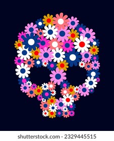 Scull decorated with daisy flowers. Floral print for Halloween and  Dia de Los Muertos, vector illustration