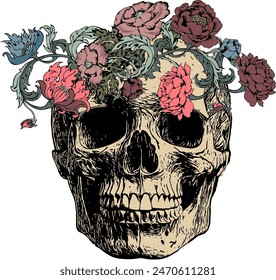 Scull and flowers.  Design for logo, t-shirt print or tattoo.  Engraved style.