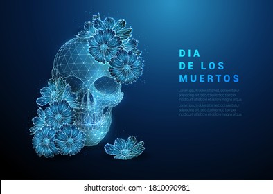 Scull with flowers. Dia de los muertos concept. Low poly style design. Abstract geometric background. Wireframe light connection structure. Modern 3d graphic concept. Isolated vector illustration.